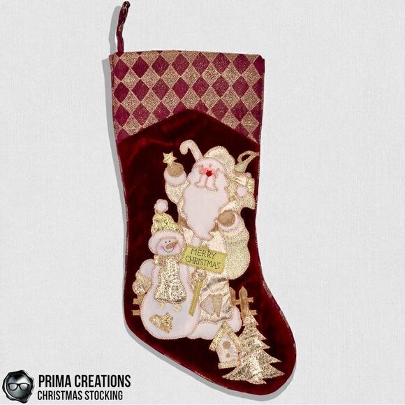 VINTAGE CHRISTMAS STOCKING APPLIQUÉ SANTA & SNOWMAN VELVET FELT IN RED & GOLD - Picture 3 of 13